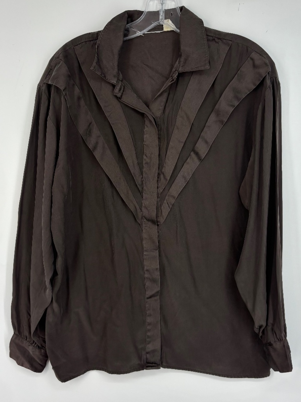 Womens Size 8 Vintage Button Front Blouse Shirt Taupe Brown 100% Silk Long Slv